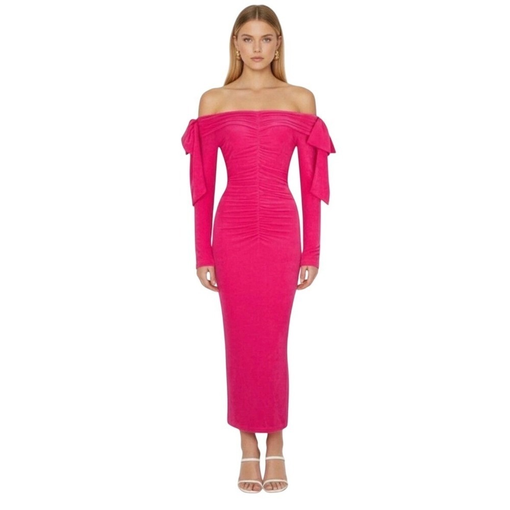 Atoir Aliah Pink Dress Off The Shoulder Bow Sleeve Ruched Midi Dress Size US 8